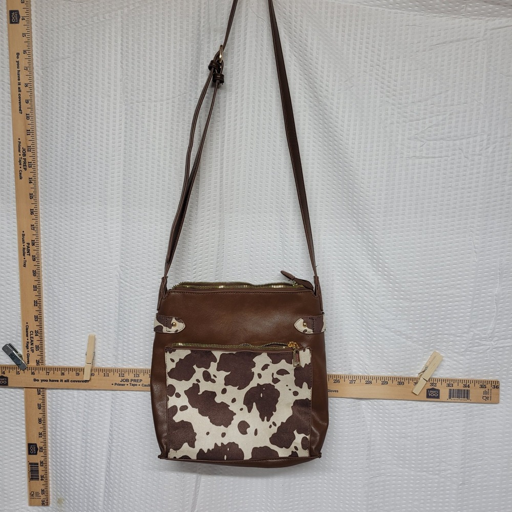 Brown Faux Leather Cow Print Crossbody Bag Western Gold Zip Shoulder Purse